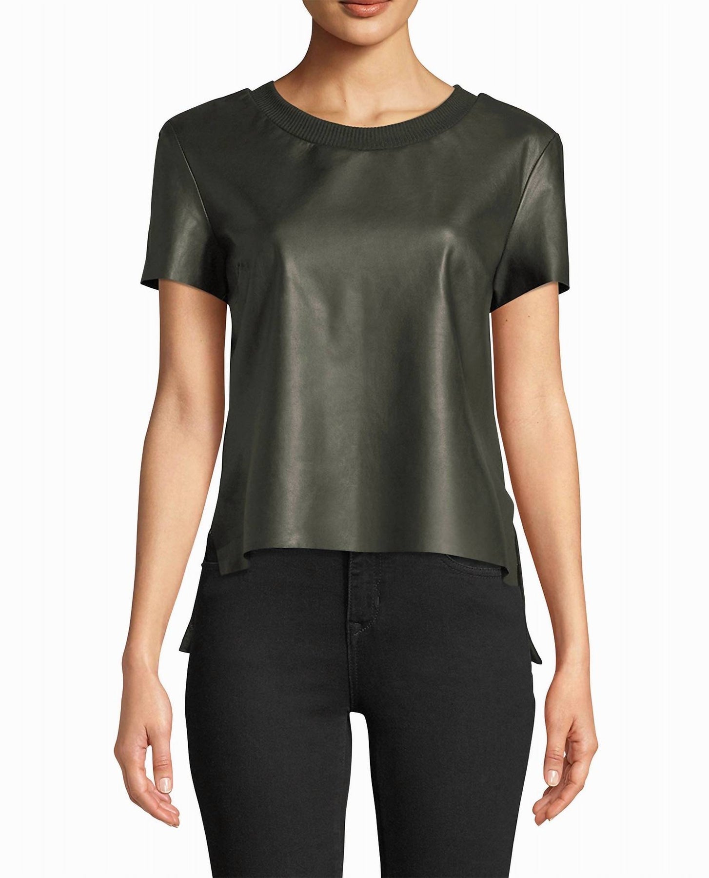 Leather T-Shirt In Army Green 7686711509052