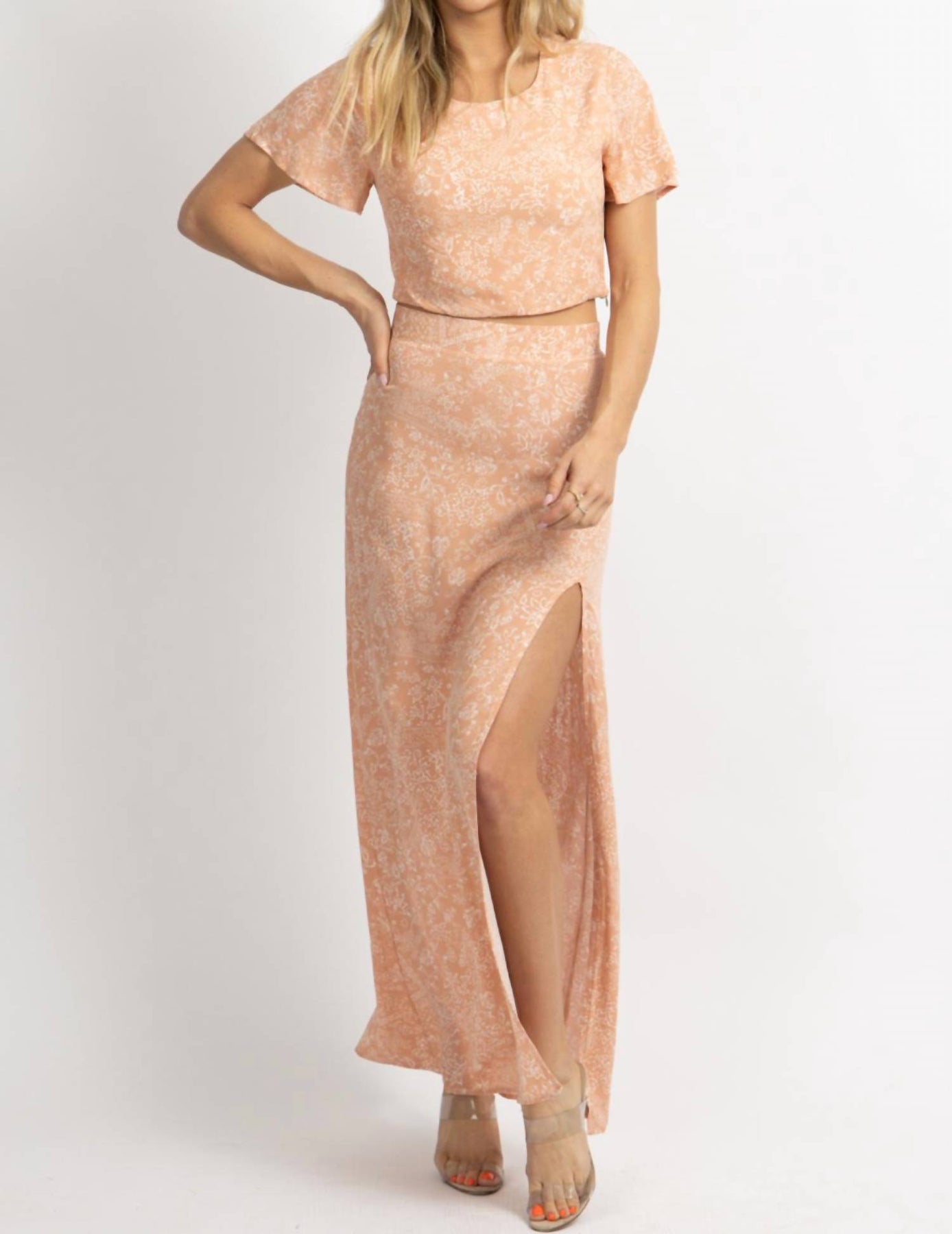 Woven Print Maxi And Crop Set In Apricot