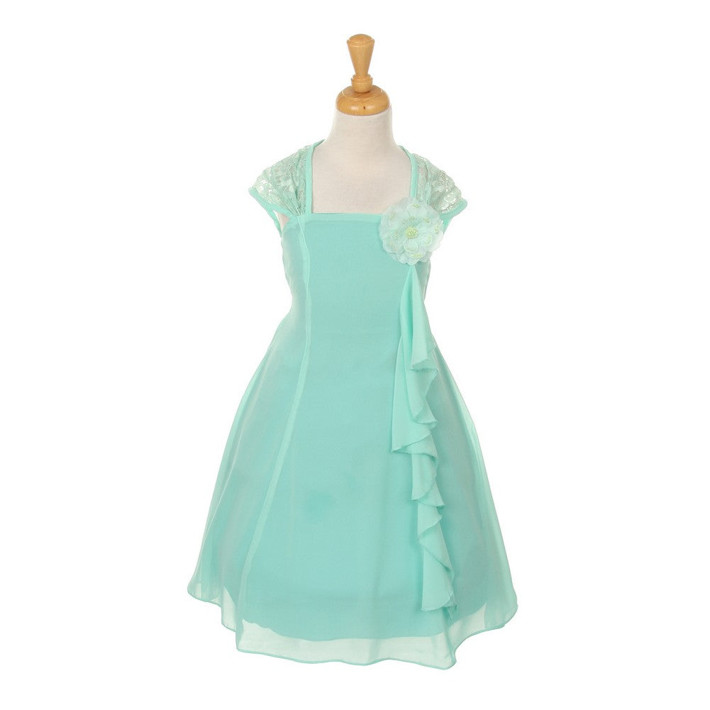 Big Girls Mint Chiffon Eyelid Lace Ruffle Flower Dress 8-14