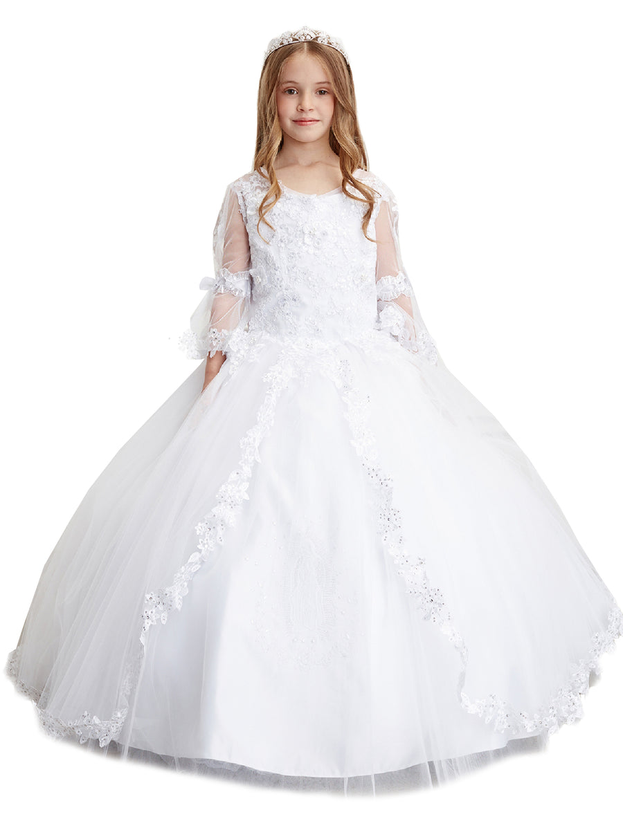 Big Girls White Lace Tulle Sleeve Communion Dress 7-18