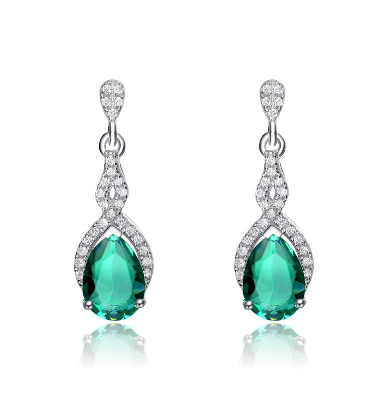 C.z. Sterling Silver Rhodium Plated Emerald Teardrop Earrings 7801542541372