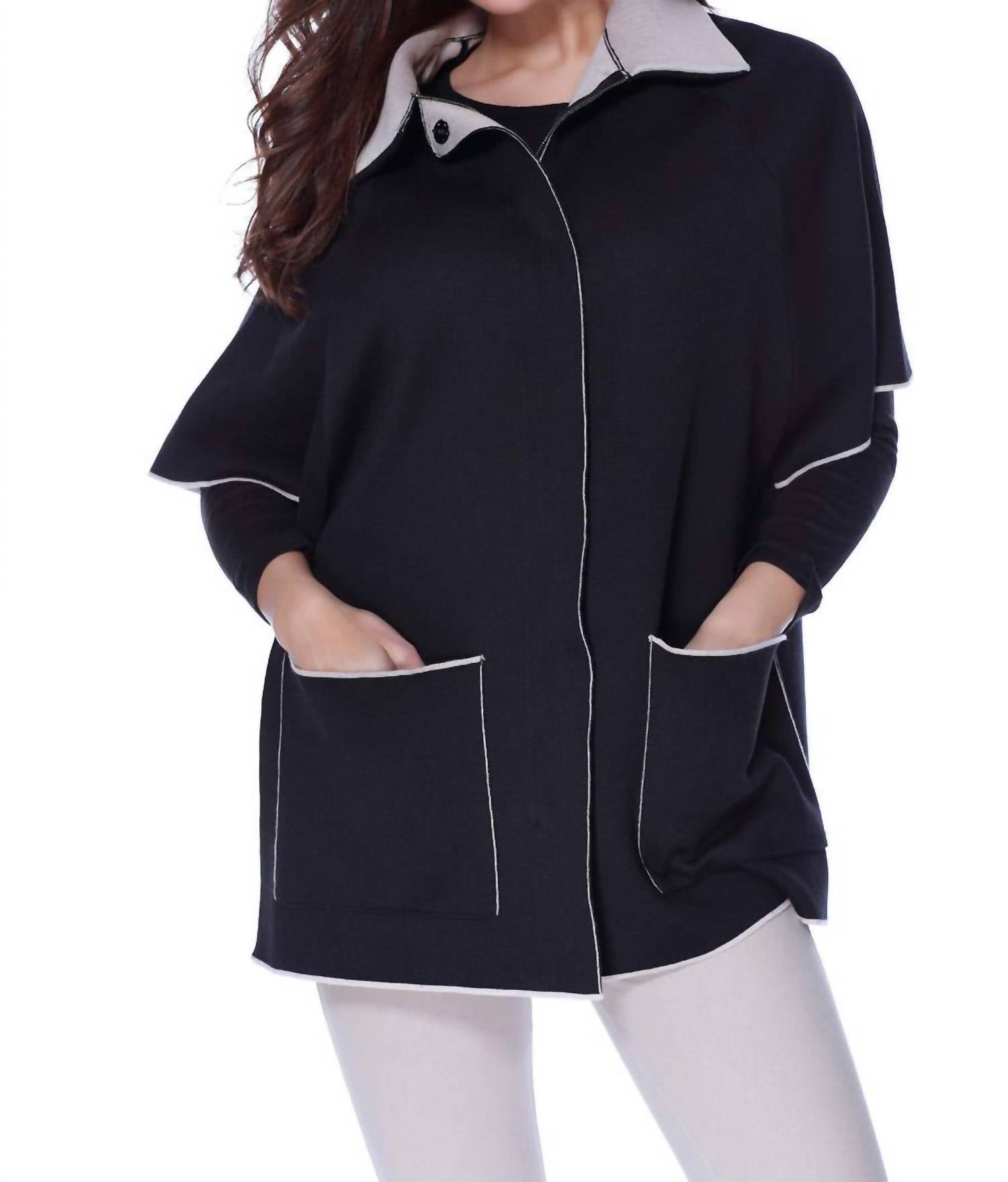 Zip Up & Buttons Poncho W/ Pockets In Black/stone 7744991690812