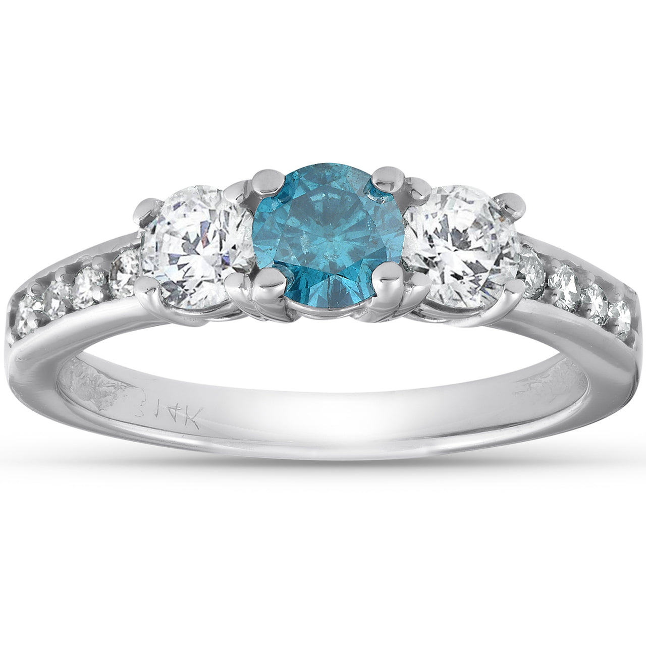 1 Carat Three Stone Blue & White Diamond Ring 14K White Gold 7688270610492