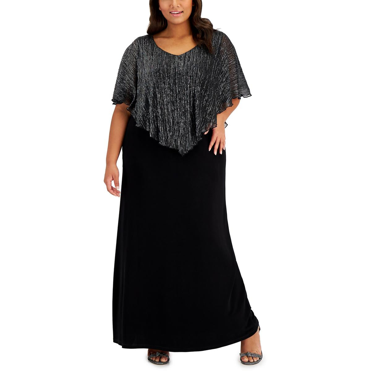 Plus Metallic Cape Overlay Evening Dress