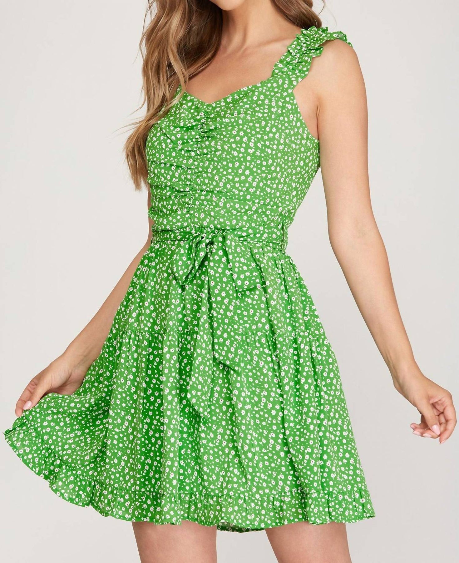 Ruffle Sleeve Dress With Waist Sash In Green Floral Print