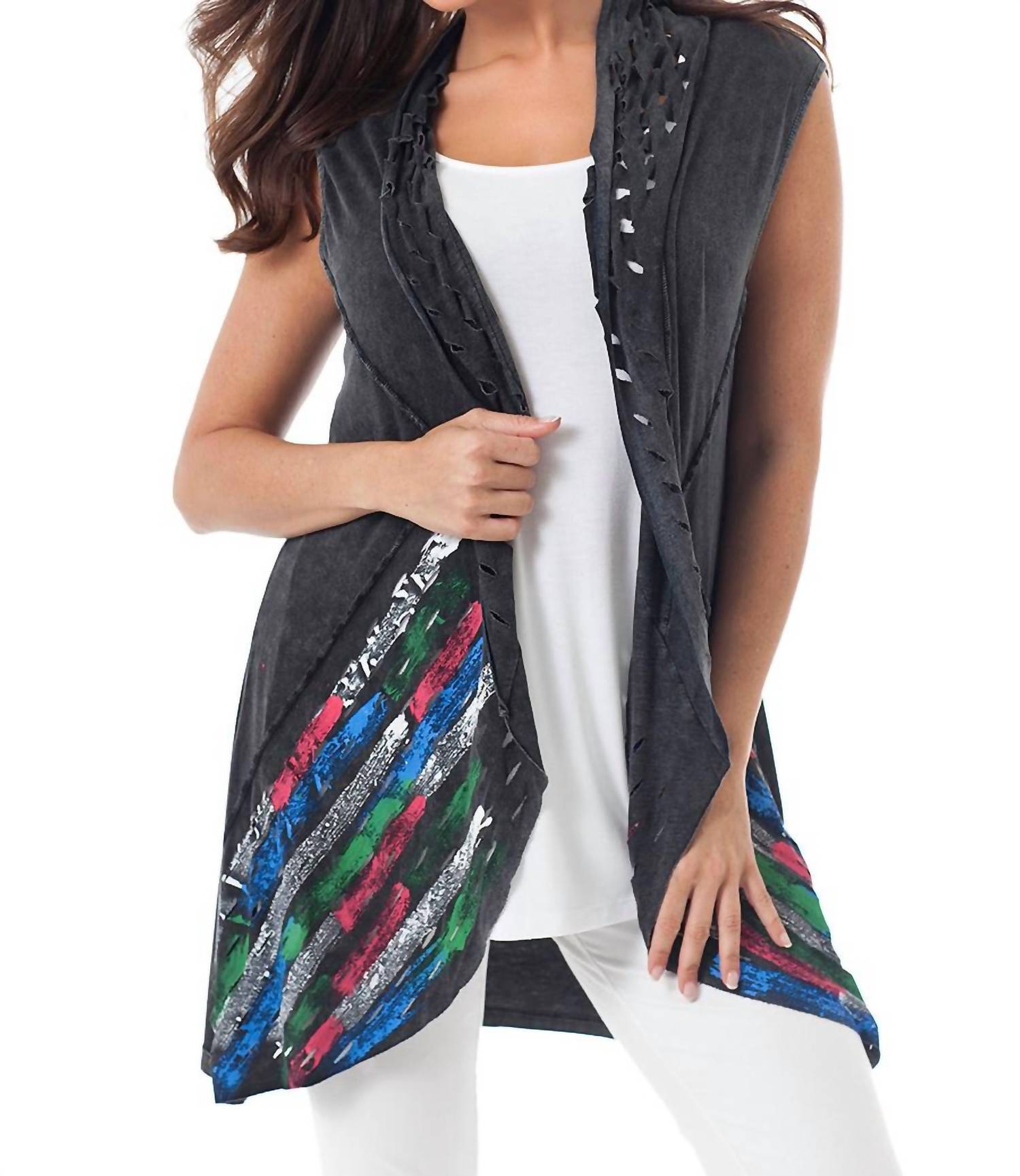 Hand Painted Laser Cut Vest In Charcoal