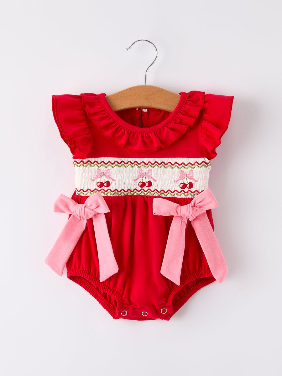 Red Cherry Bow Plaid Smocking Embroidery Girls' Romper
