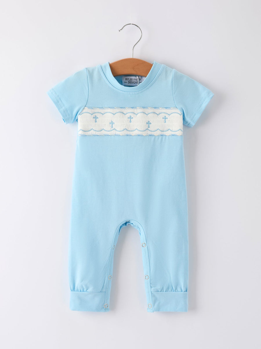 Blue Smocked Church Christ Bishop Christening Baby Boys' Romper
