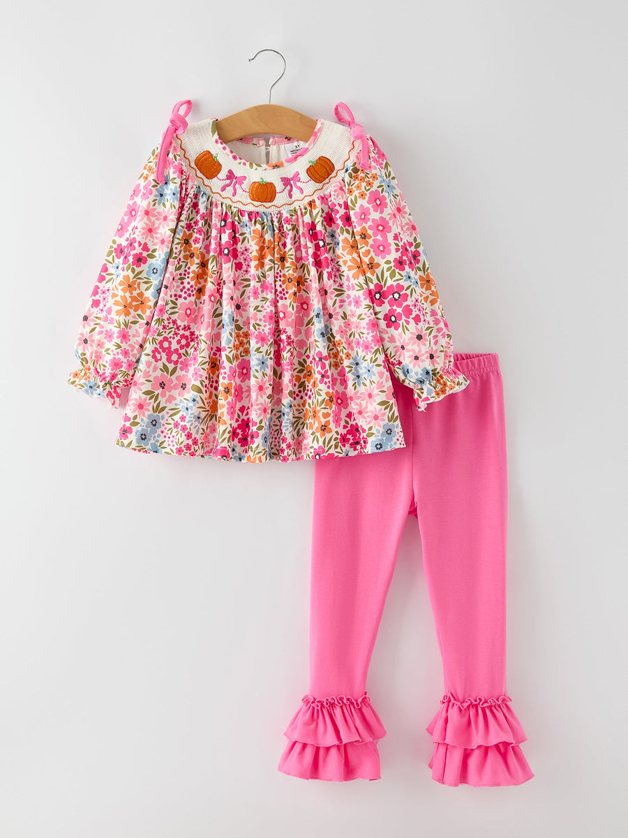 Fall Thanksgiving Pumpkin Embroidered Ruffled Pink Leggings Girls Set