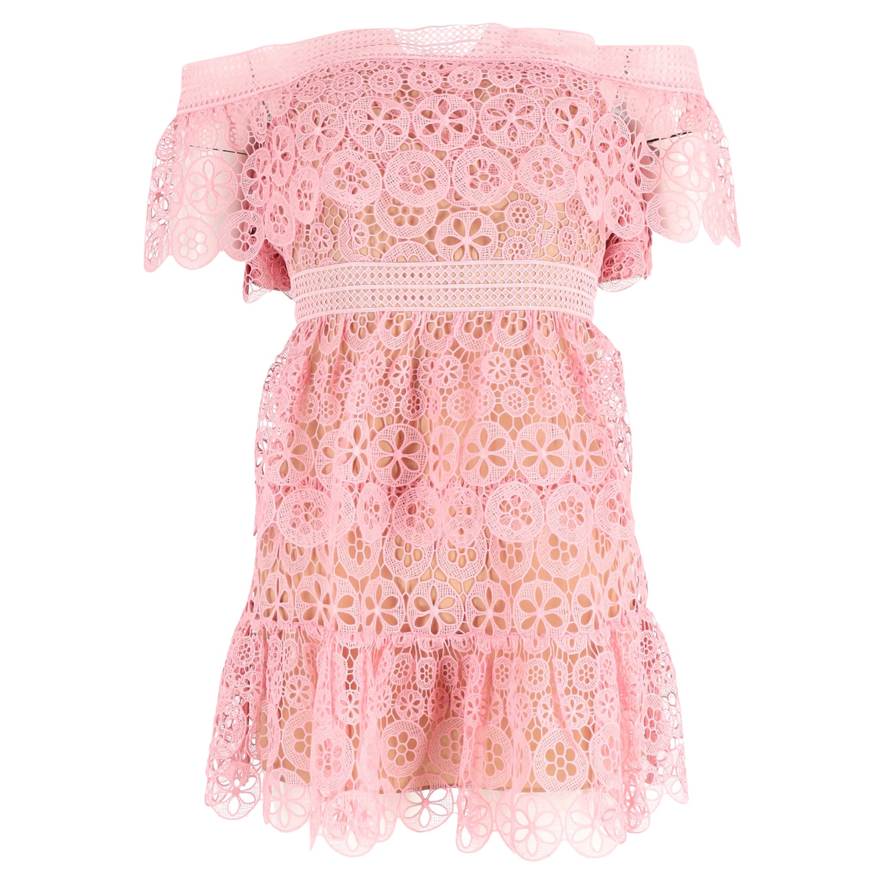 Self-Portrait Guipure Lace Off Shoulder Mini Dress in Pink Polyester 7826354110524