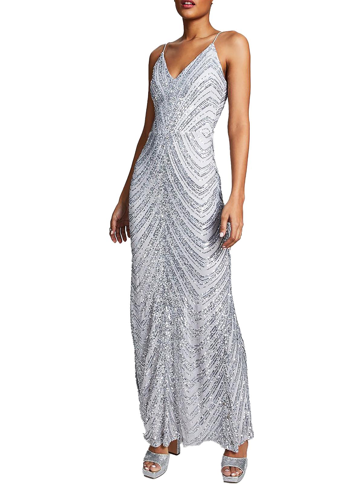 Plus Womens Sequined Bungee-Strap Evening Dress