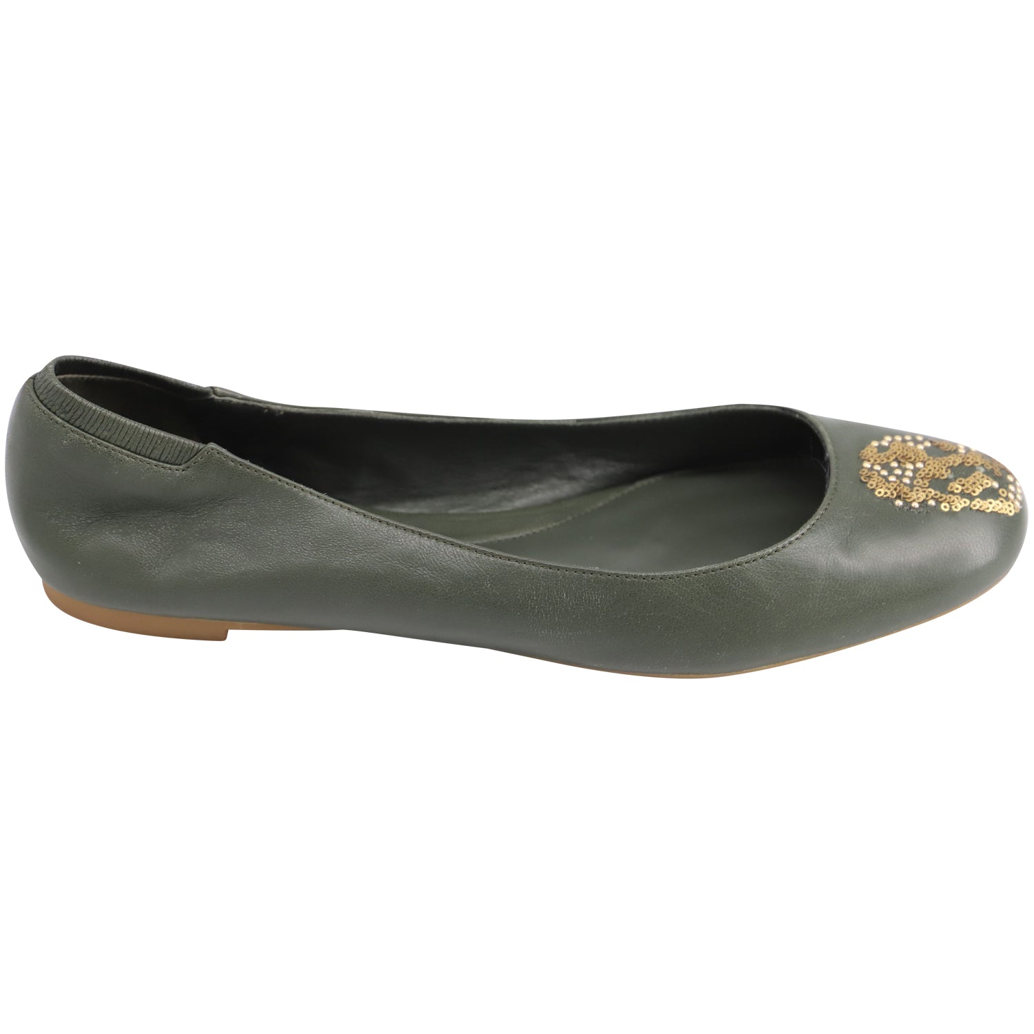 Alexander McQueen Ballet Flats Sequin Applique Skull in Olive Green Leather