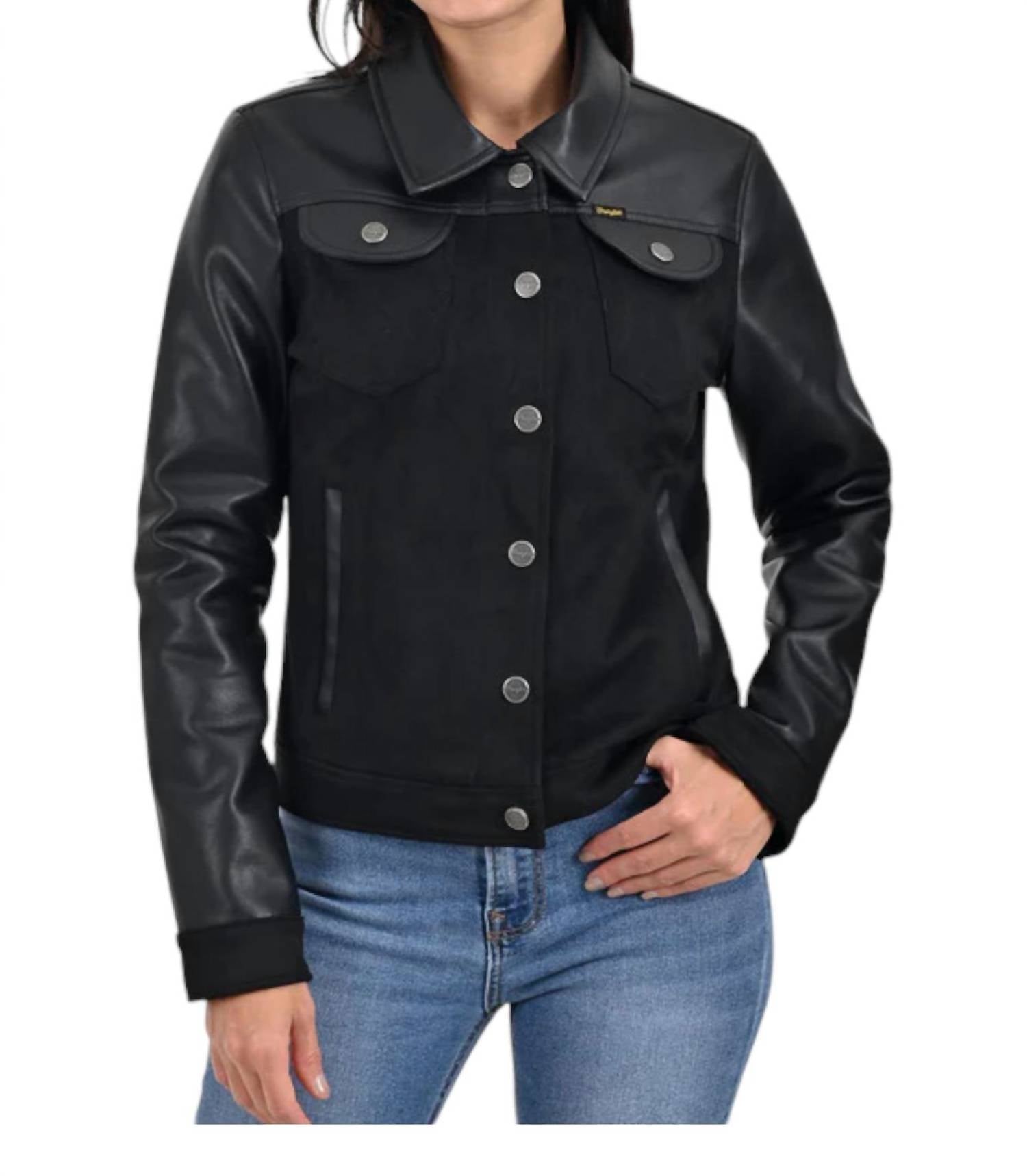 Faux Leather Trucker Jacket In Black
