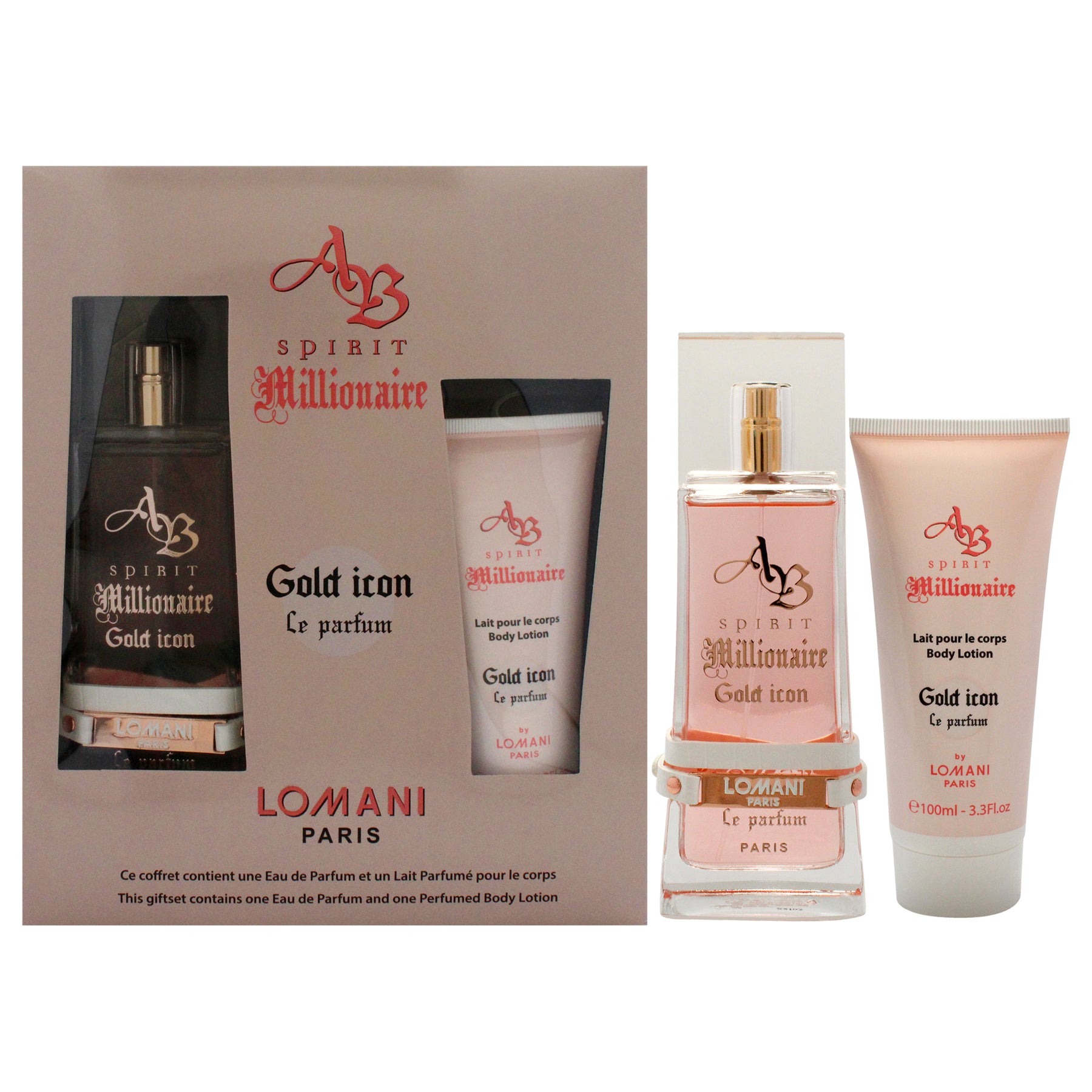 AB Spirit Millionaire Le Parfum Gold Icon by Lomani for Women - 2 Pc Gift Set 3.3oz EDP Spray, 3.3oz Body Lotion 7830771761212