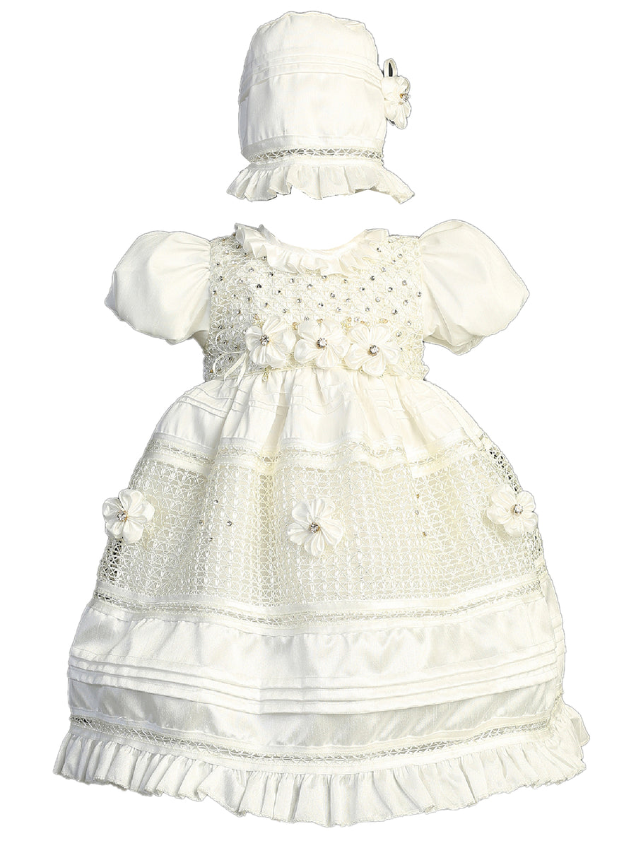 Little Girls White Puff Sleeve Sequin Ruffle Bonnet Baptism Gown Newborn-3