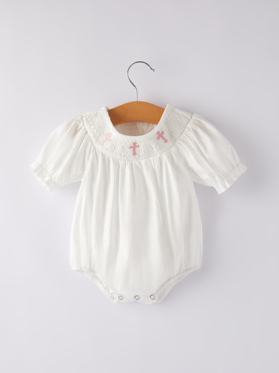 White Smocked Church Christ Bishop Christening Girls Romper