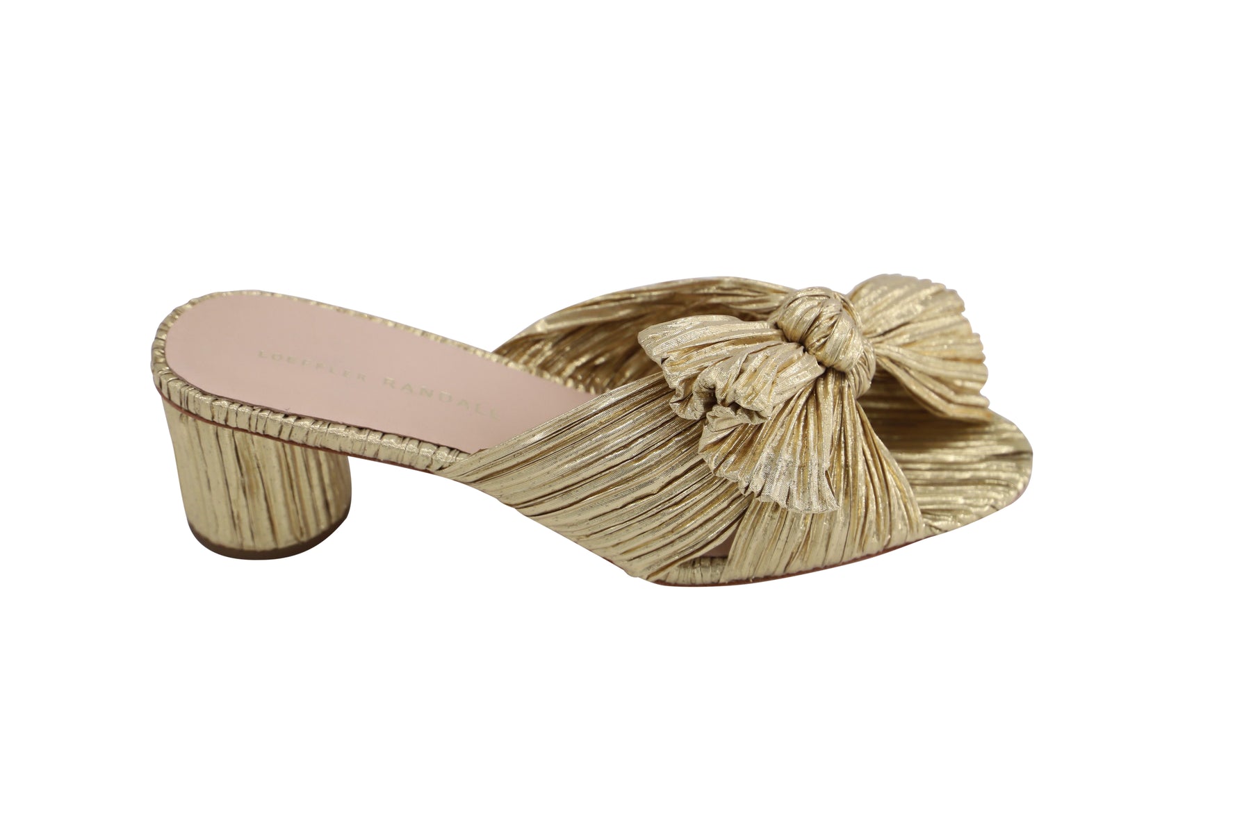 Loeffler Randall Emilia Pleated Bow Heel in Gold Nylon