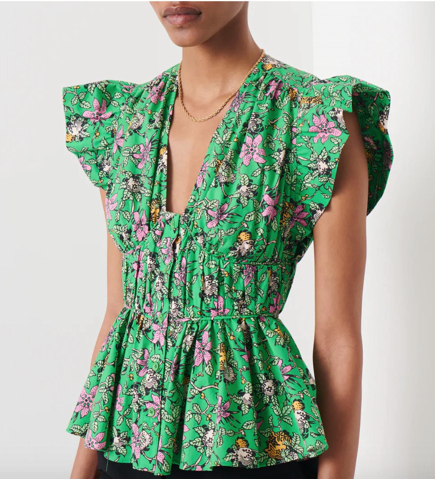 Roselyn Ruffle Sleeve Top In Green Multi 7264401588284