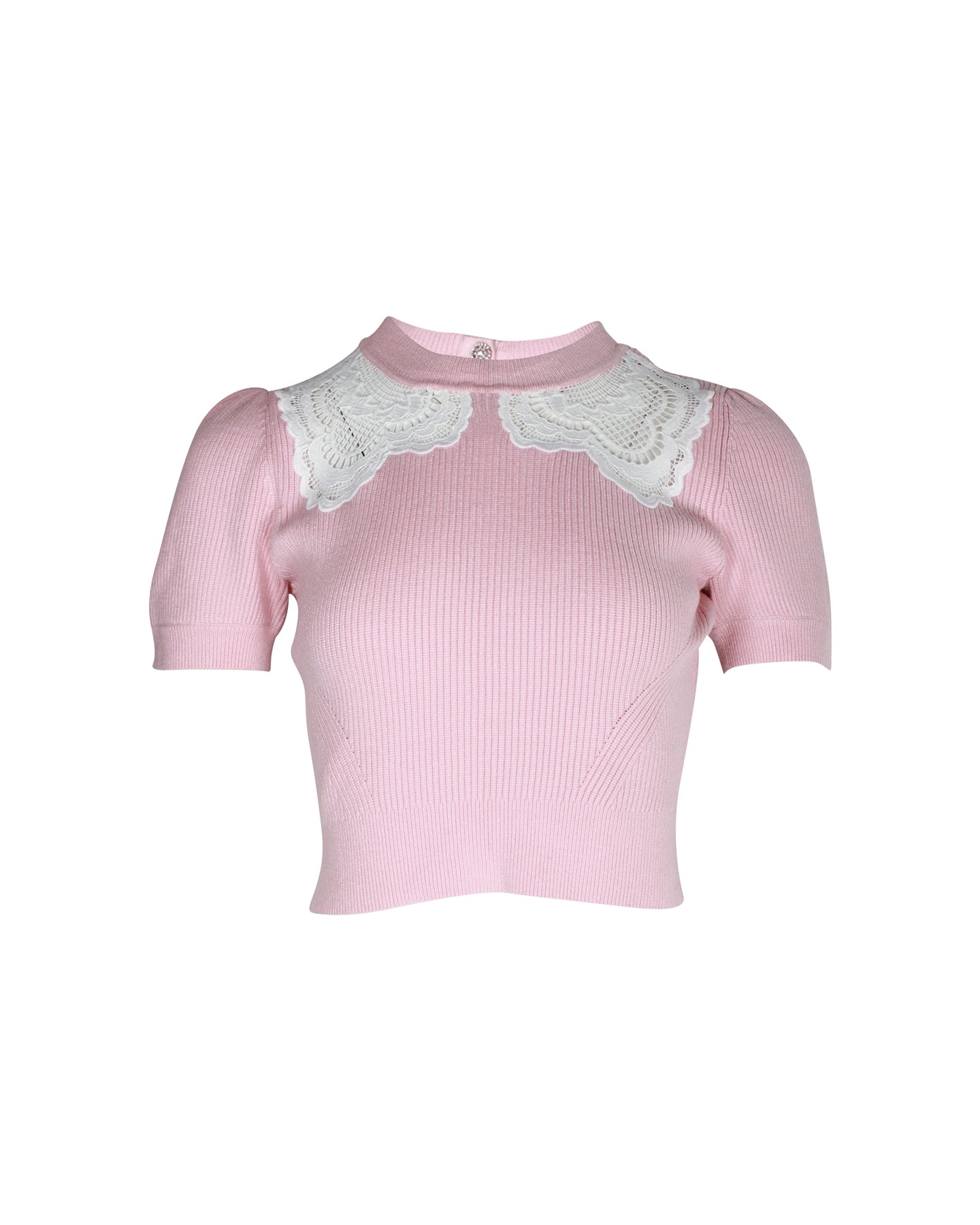 Self-Portrait Lace-Insert Knitted Top in Light Pink Cotton 7826330320956