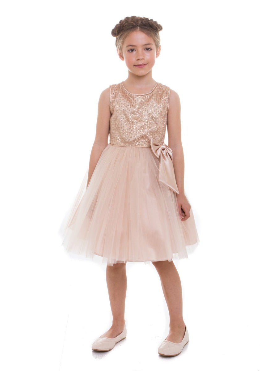 Big Girls Champagne Sequin Bow Junior Bridesmaid Dress 8-12