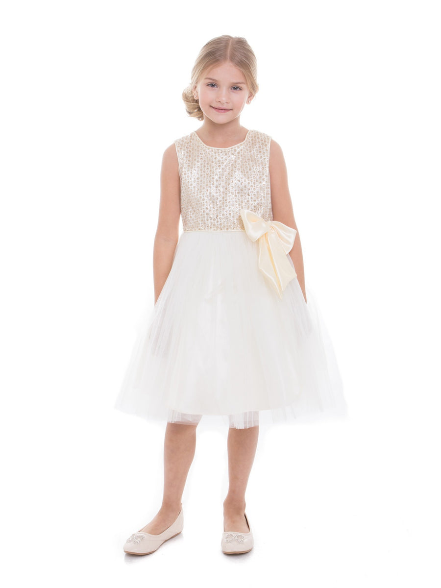 Big Girls Ivory Sequin Charmeuse Bow Junior Bridesmaid Dress 8-12