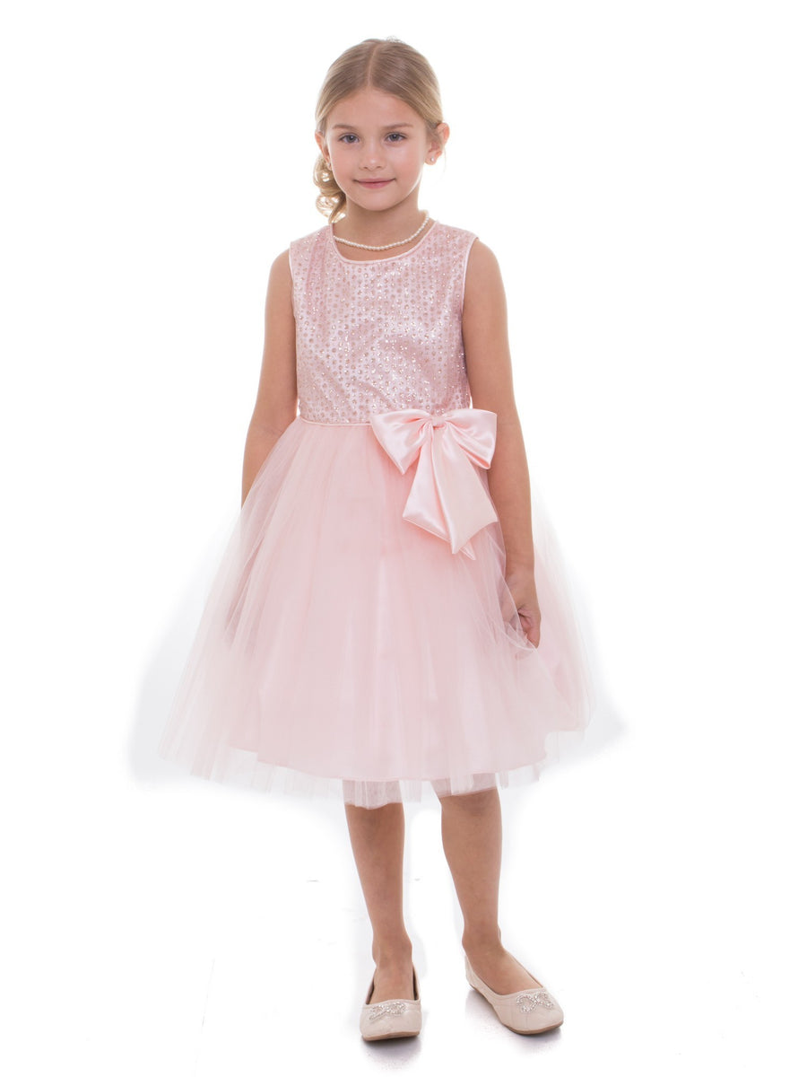 Little Girls Blush Sequin Charmeuse Bow Flower Girl Dress 2-6