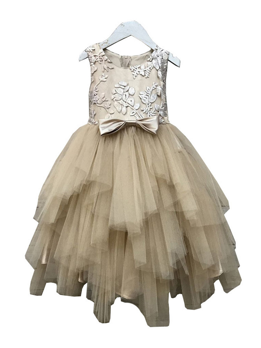 Little Girls Champagne Sequin Tiered Tutu Flower Girl Dress 2-6