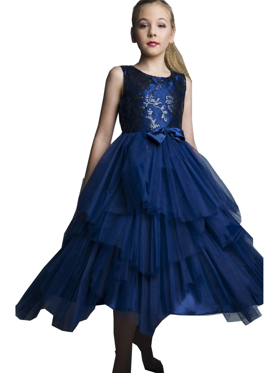 Big Girls Navy Sequin Tiered Tutu Junior Bridesmaid Dress 8-12