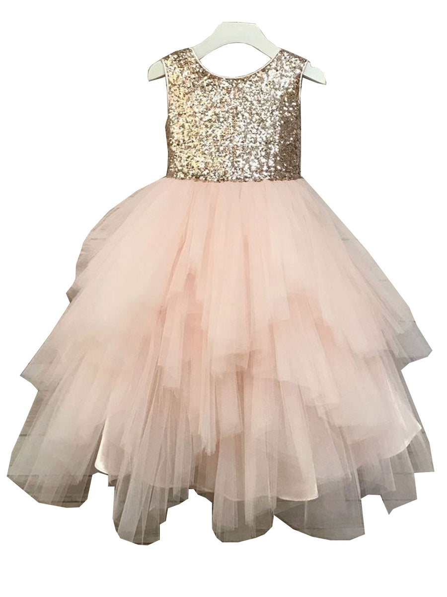 Little Girls Blush Sequin Multi Tiered Special Occasion Dress 2-6