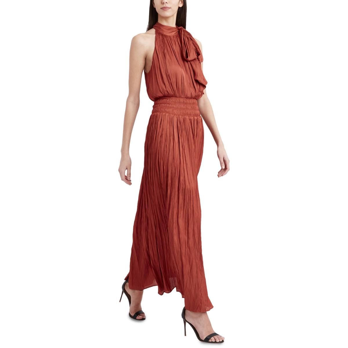 Broomstick Satin Pleated Smocked Halter Maxi Dress