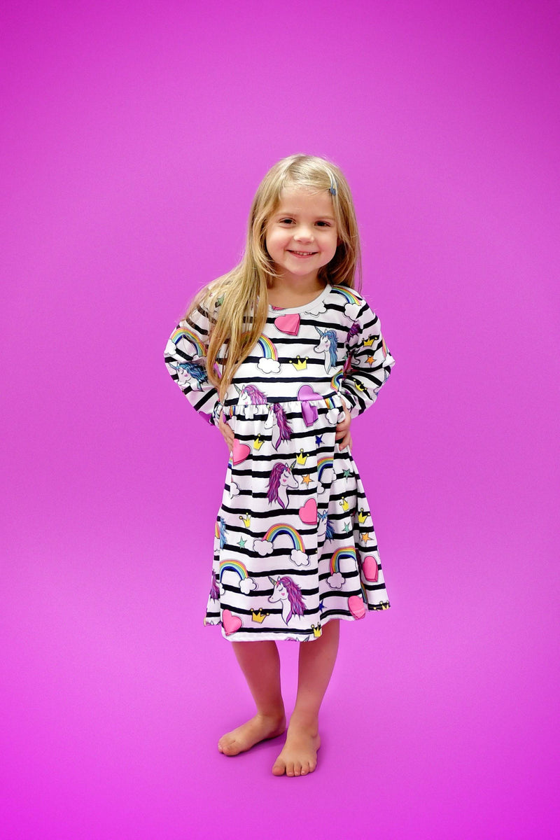 Unicorns and Rainbows Striped Long Sleeve Milk Silk Dress