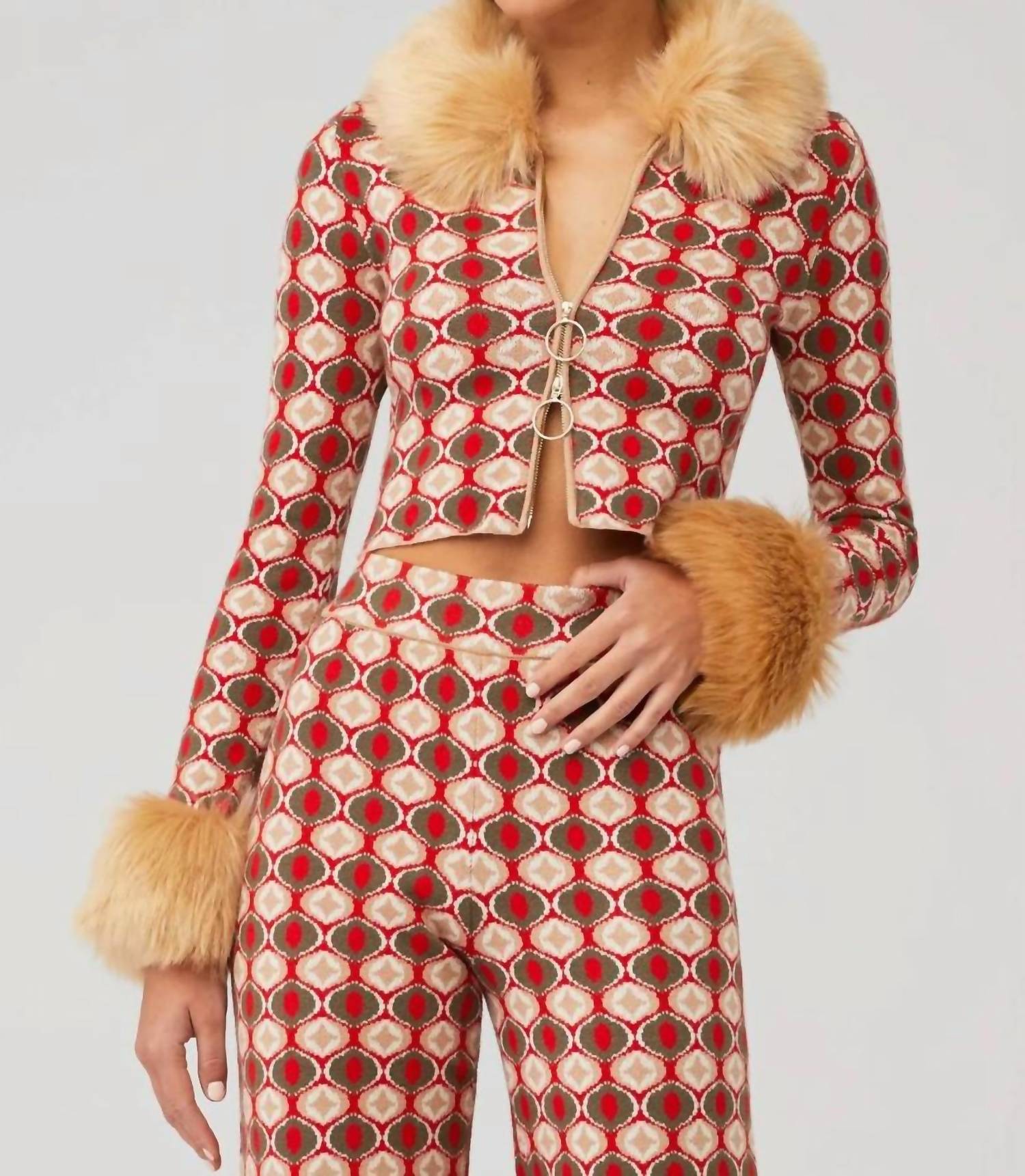 Zermatt Zip Up W Faux Fur In Brown Geo Jacquard W Faux Fur 7258376306748