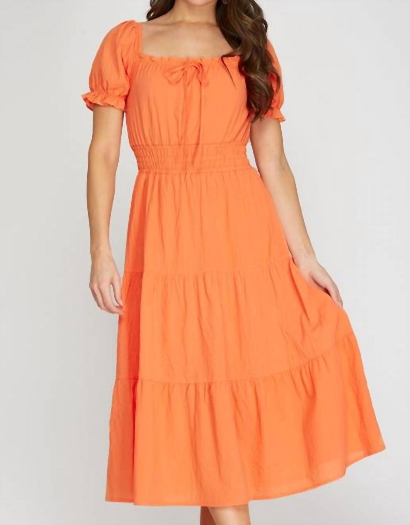 Short Puff Sleeve Woven Print Midi Dress In Orange