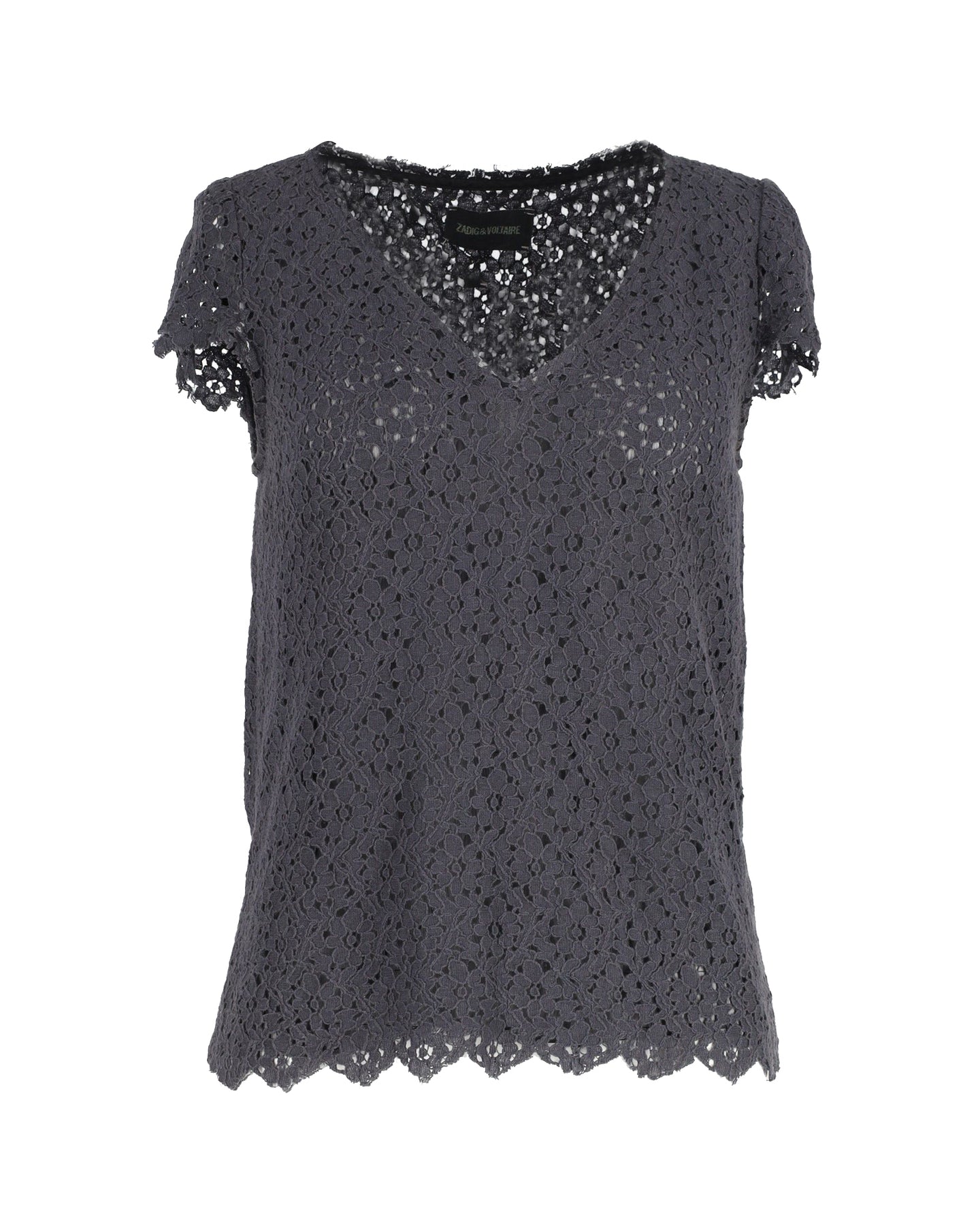 Zadig & Voltaire V-Neck Lace Top in Grey Cotton 7802206519356