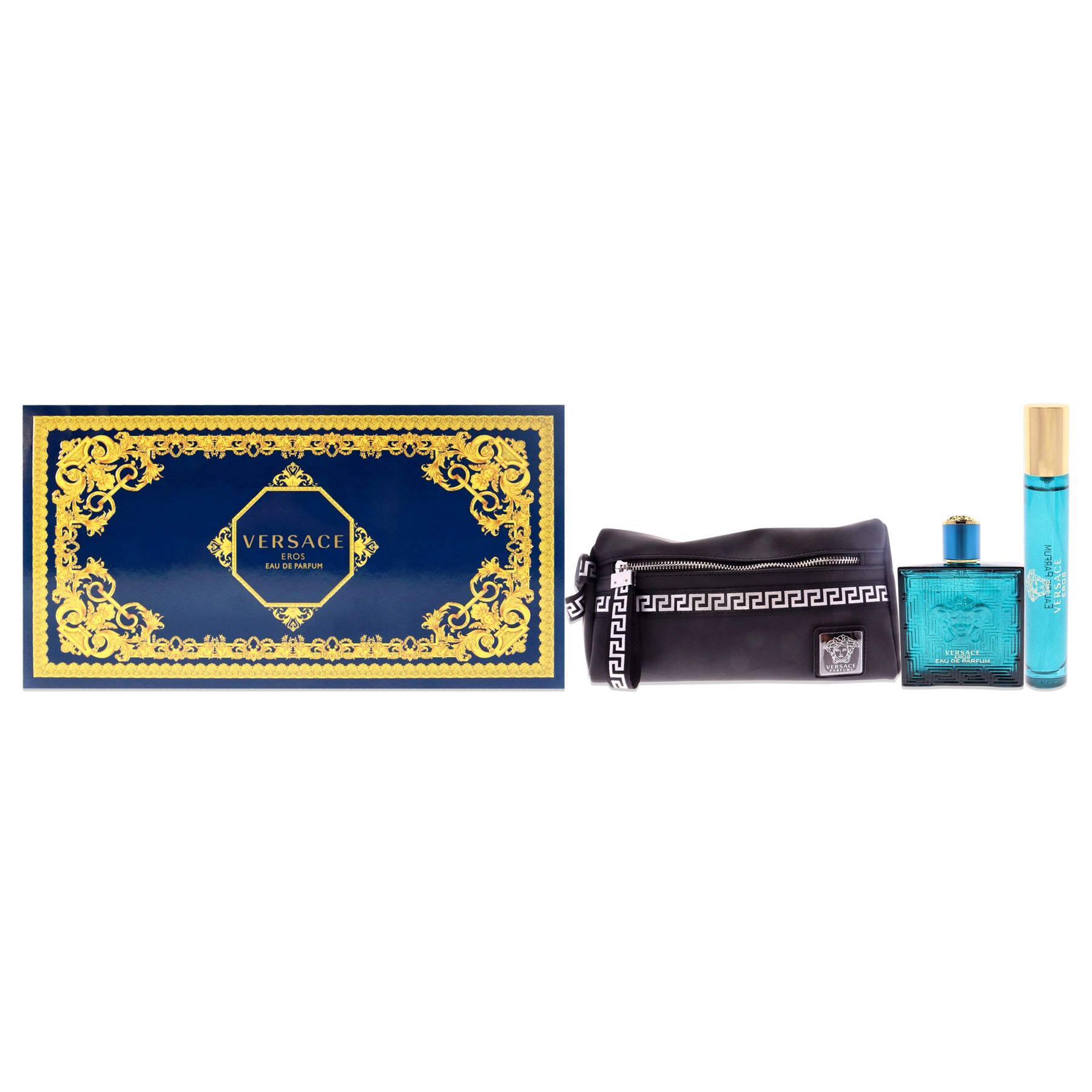 Versace Eros by Versace for Men - 3 Pc Gift Set - 3.4oz EDP Spray, 0.3oz EDP Spray, Pouch