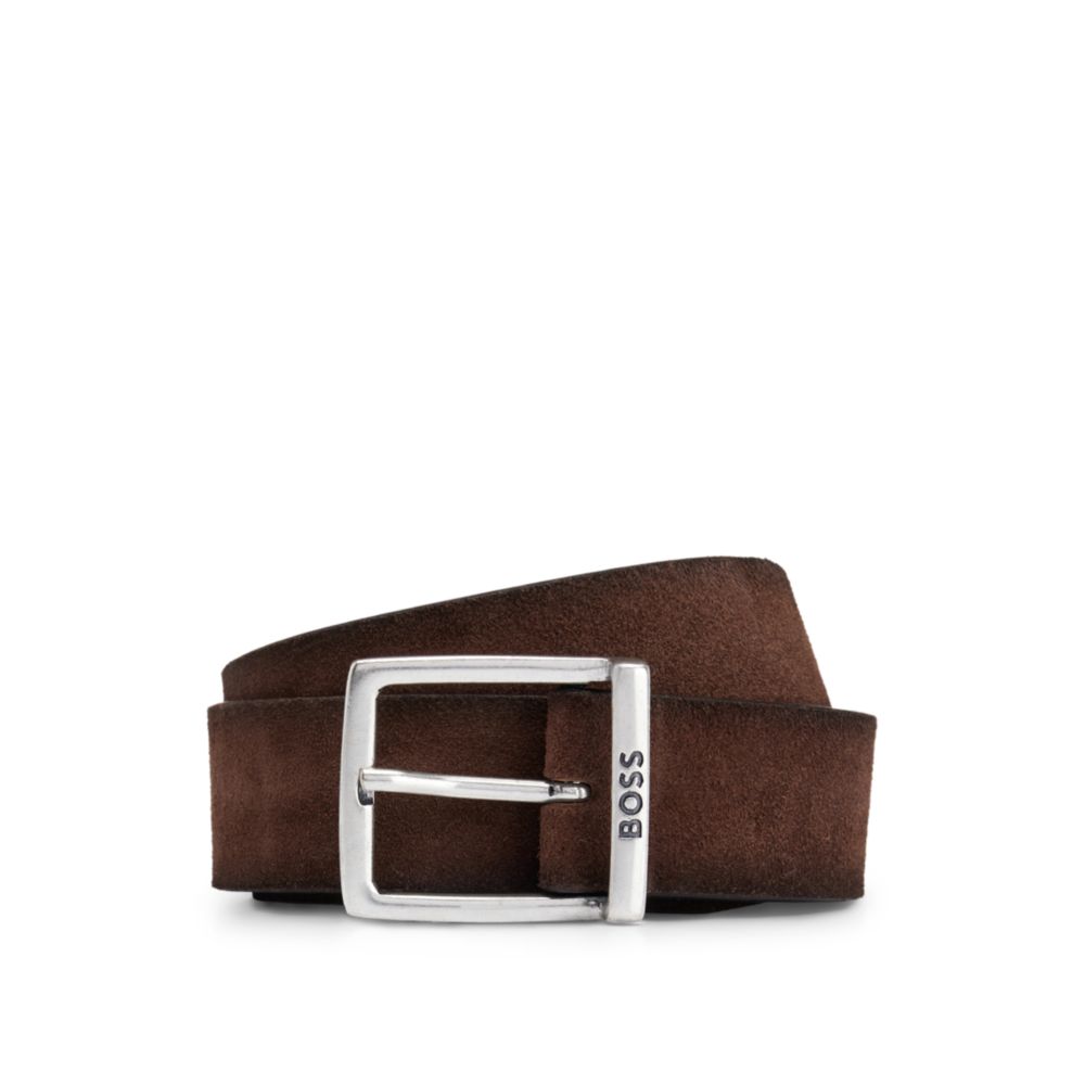 Suede belt with squared buckle and engraved logo