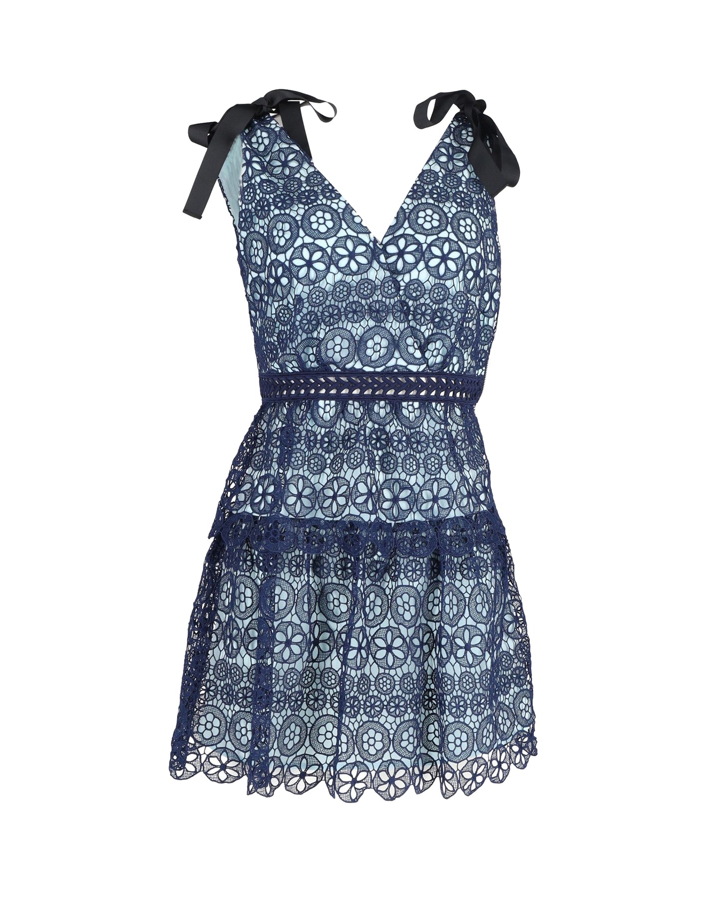 Self-Portrait Tiered Bow-Detailed Mini Dress in Blue Polyester Guipure Lace 7802208911420