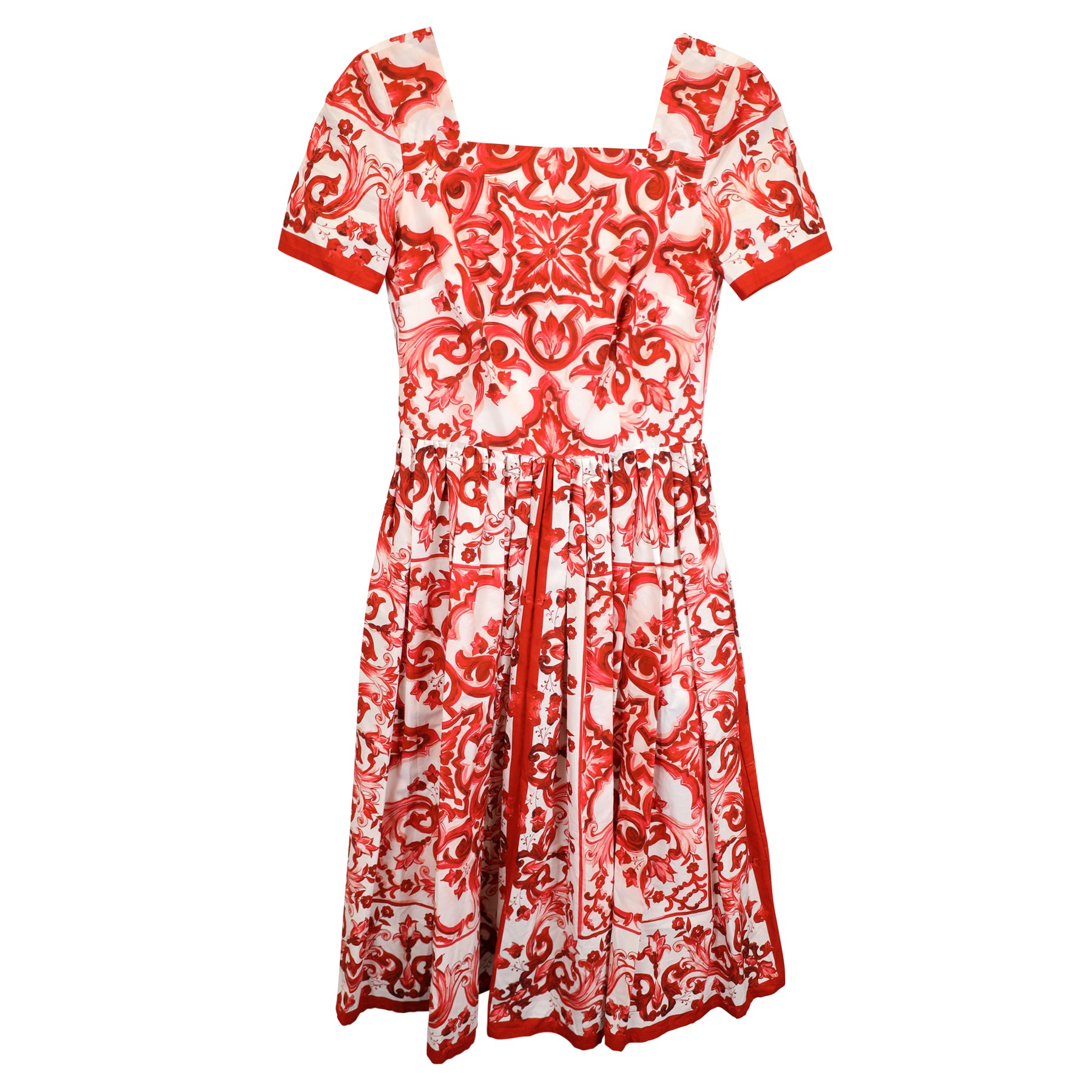 Dolce & Gabbana Majolica Printed Pleated Midi Dress in Red Cotton 7744869367868