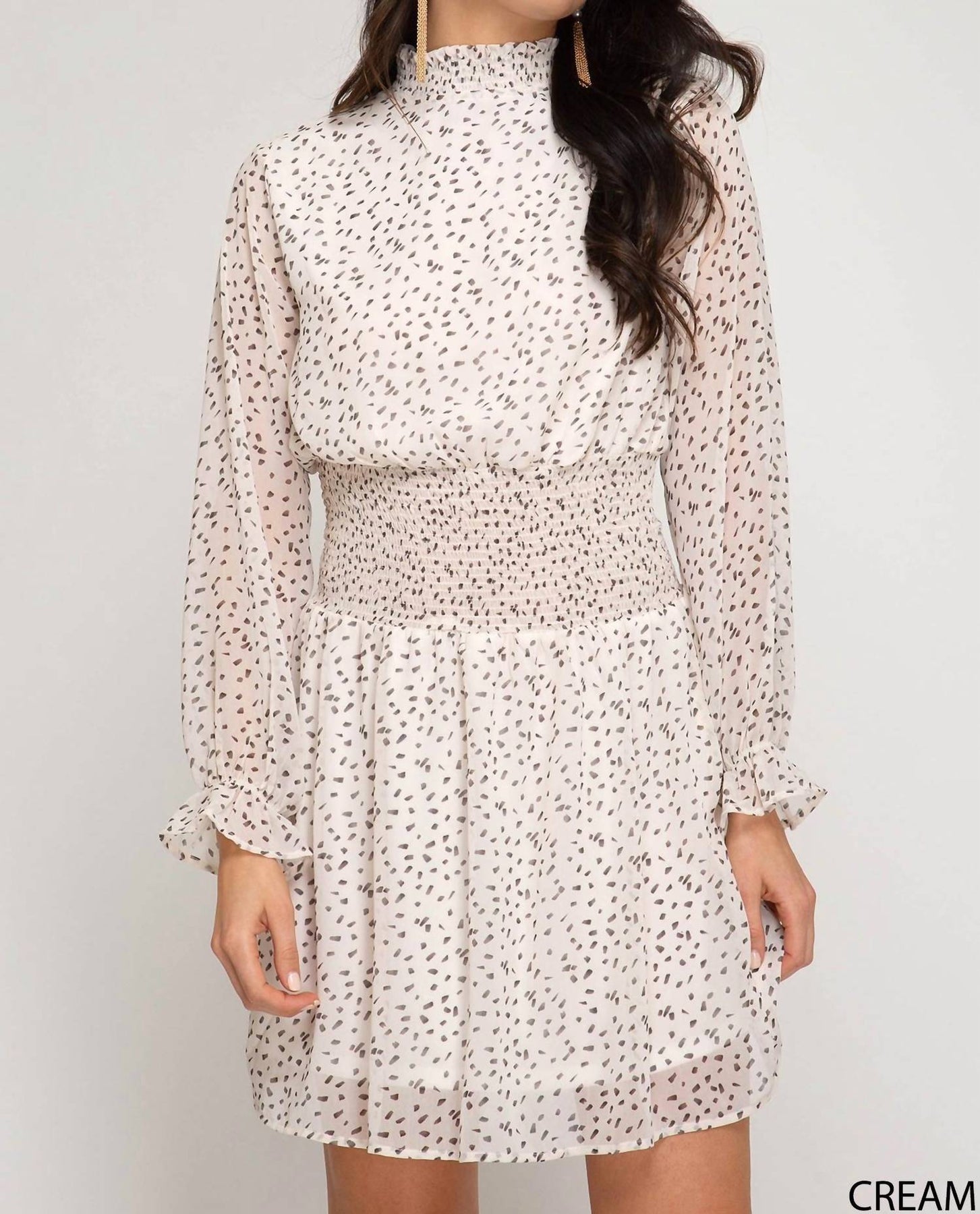 Smocked Mock Neck Polka Dot Dress In Cream And Black