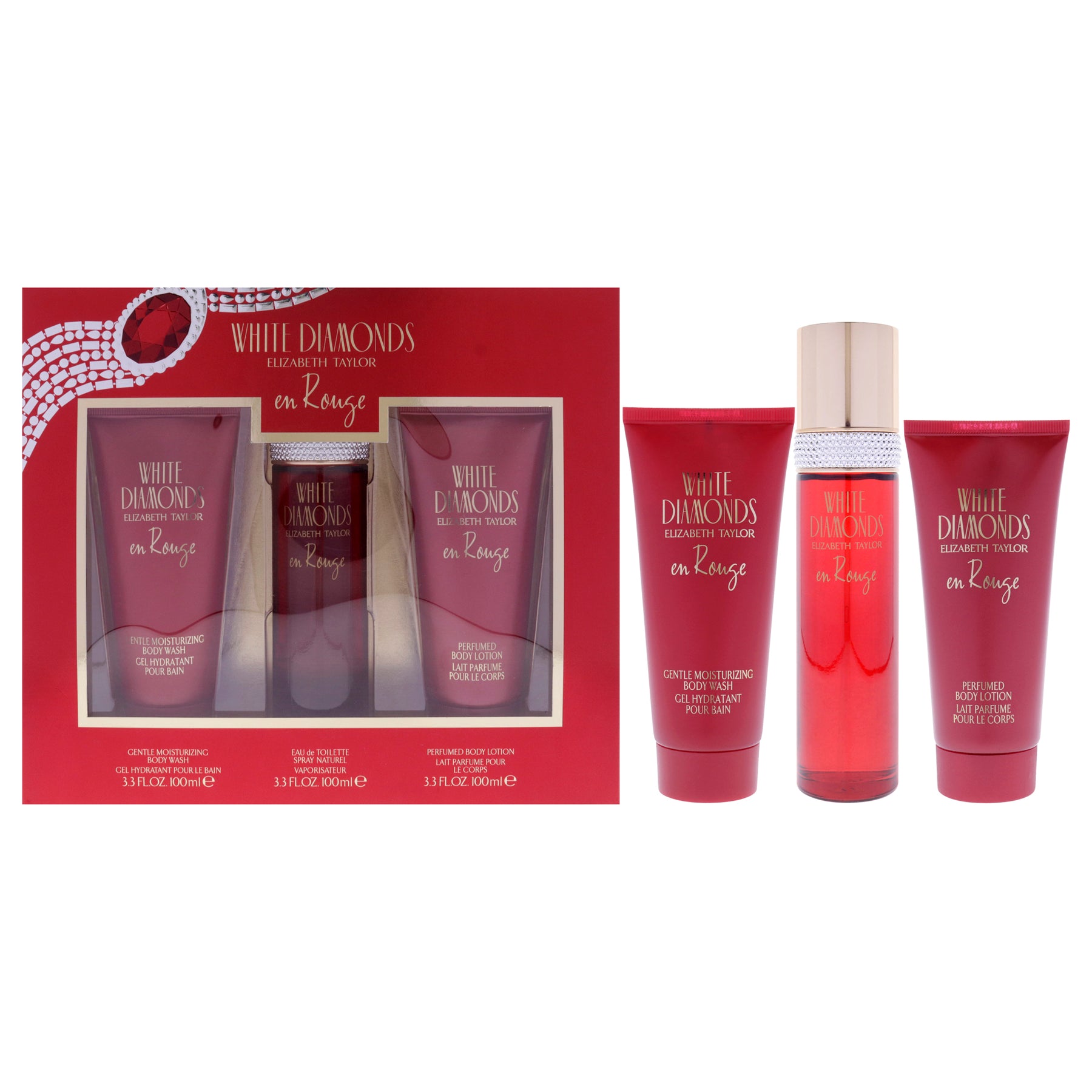 White Diamonds En Rouge by Elizabeth Taylor for Women - 3 Pc Gift Set 3.3oz EDT Spray, 3.3oz Body Lotion, 3.3oz Body Wash 7830776905788