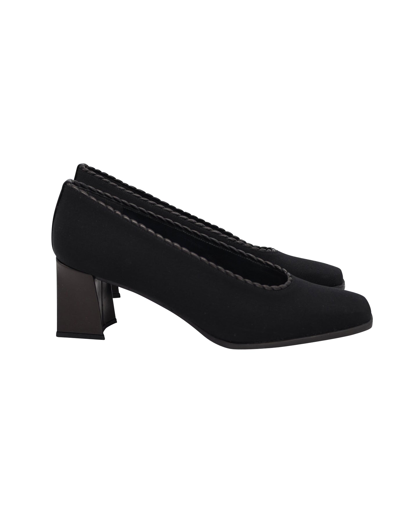Stuart Weitzman Square Toe Block Heel Pumps in Black Satin