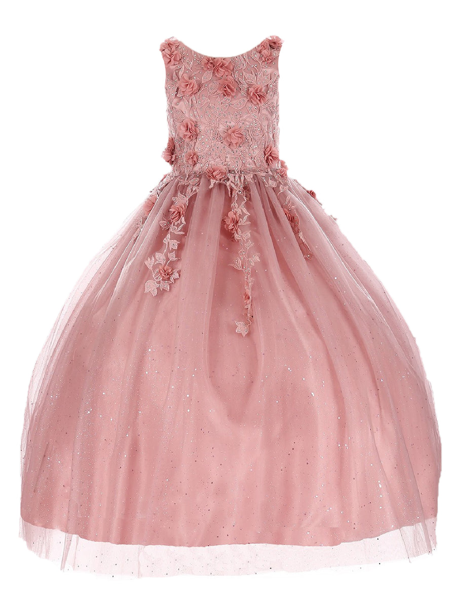 Big Girls Dusty Rose 3D Flower Rhinestone Tulle Junior Bridesmaid Dress 8-16