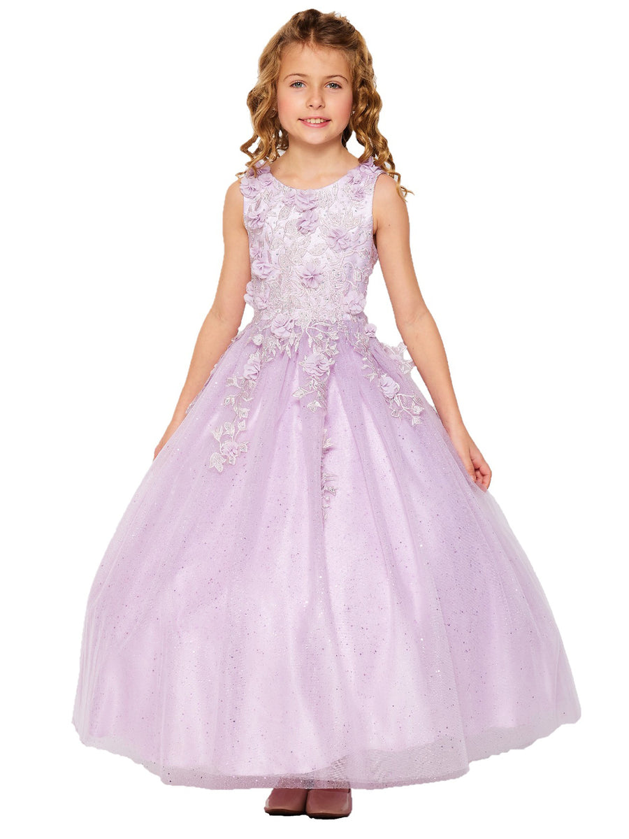 Little Girls Lilac 3D Flower Rhinestone Tulle Flower Girl Dress 2-6