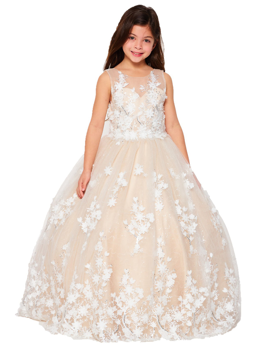 Big Girls Champagne 3D Floral Applique Lace Sequin Junior Bridesmaid Dress 8-16