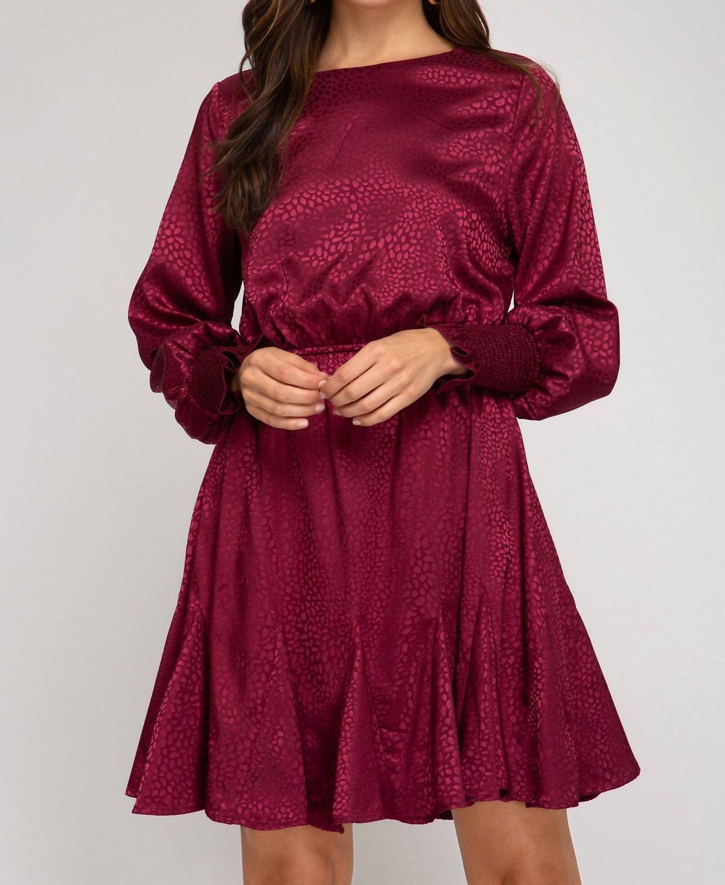 Animal Jacquard Godet Dress In Deep Wine