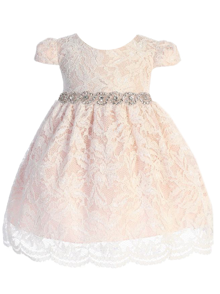 Baby Girls Blush Lace Rhinestone Trim Flower Girl Dress 3-24 Months