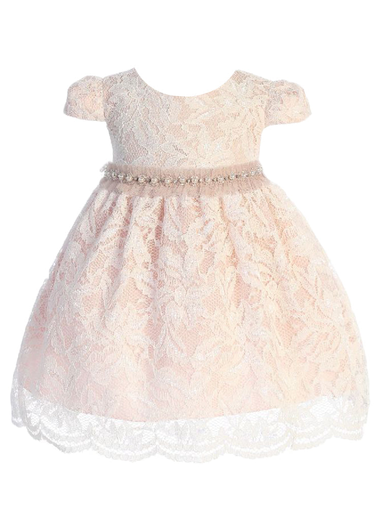 Baby Girls Blush Lace Mesh Pearl Trim Flower Girl Dress 3-24 Months