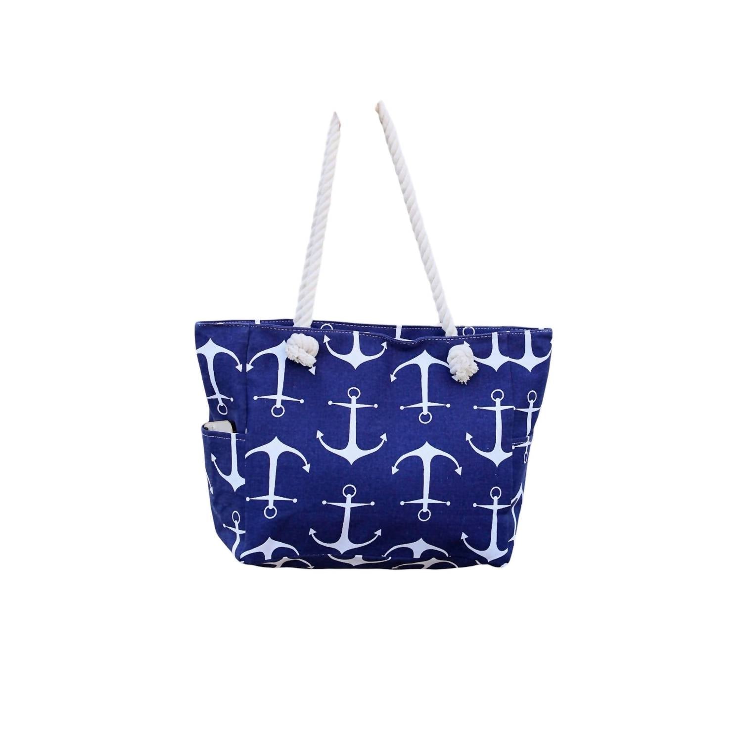 Women's Rope Handle Beach Bag In Navy Anchors