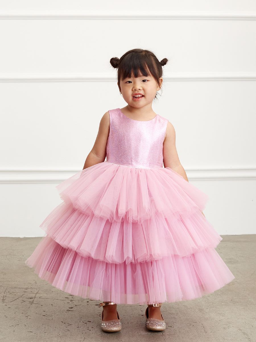 Baby Girls Metallic Glitter Layered Tulle Flower Girl Dress 6-24M