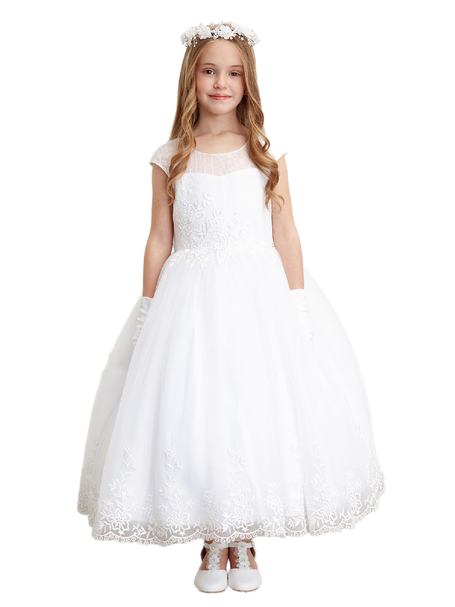 Big Girls White Illusion Neck Lace Hem Communion Dress 7-18